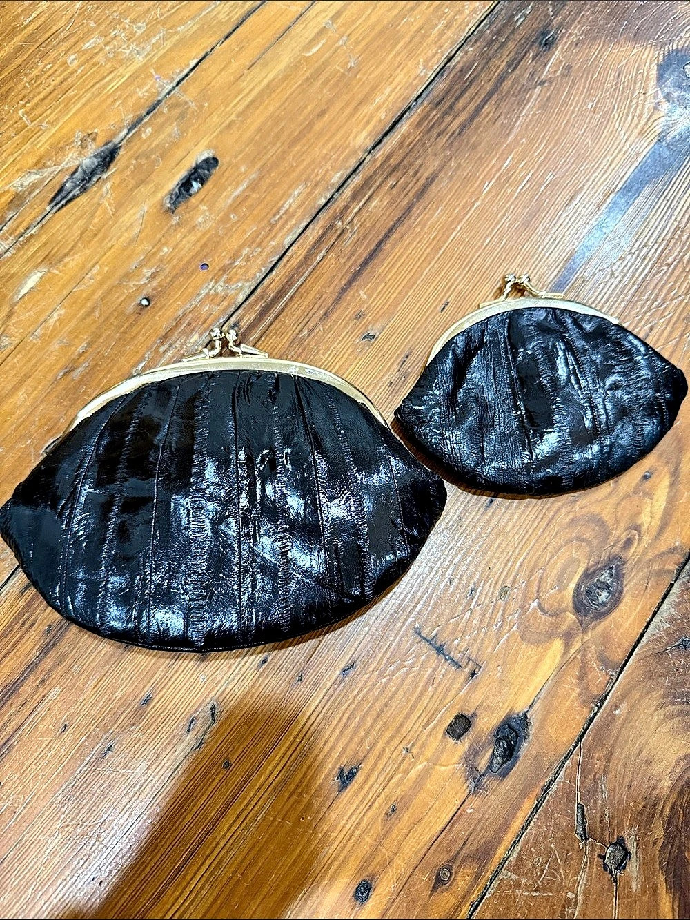 Vintage 80s/90s Genuine Eel Skin Kiss-Lock Clutch Set Purse exotic leather45